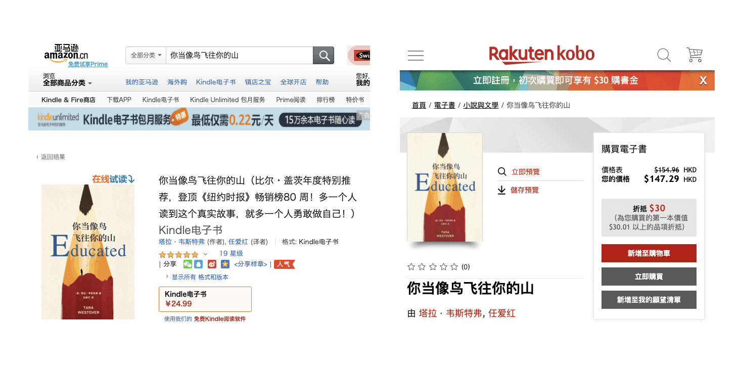 Amazon vs Kobo 同一本書在不同的圖書市場的價格相差很遠 